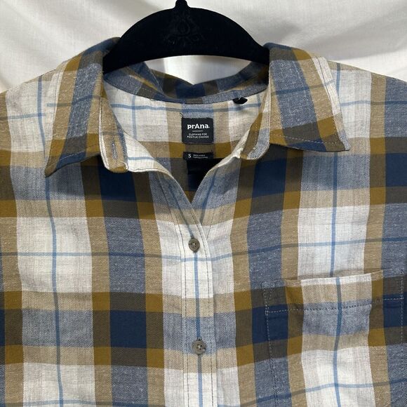prAna Plaid Flannel‎ Shirt Blue & Yellow Plaid Button Up Size Small Front Pocket - Picture 2 of 8